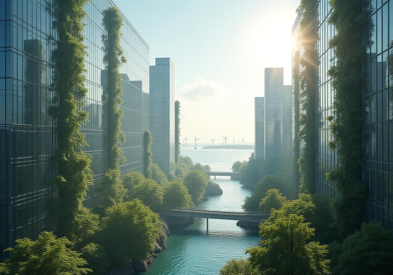 Panoramic view of a modern sustainable city energy grid with wind turbines and glass architecture